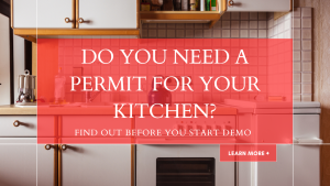 Dated kitchen with tile backsplash and wood-trim cabinets, text: Do You Need a Permit for Your Kitchen?