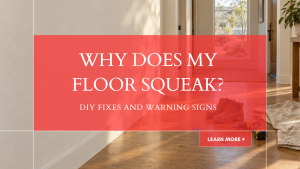 Oak hallway floor with a squeaky board marked in blue tape, a cordless drill, screws, and work boots nearby