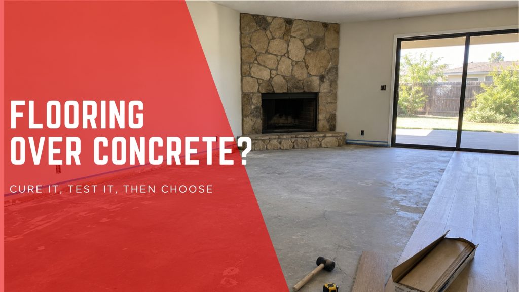 Concrete slab mid-remodel with vinyl planks, a mallet, and a moisture meter, showing flooring over a concrete slab