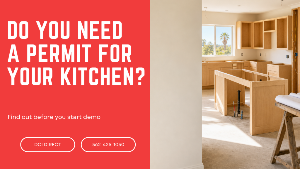 California kitchen mid-remodel with new cabinets, open wall studs, and island plumbing rough-in