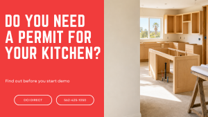 California kitchen mid-remodel with new cabinets, open wall studs, and island plumbing rough-in