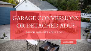 Backyard with a detached garage, pergola patio, and fire pit, text: Garage Conversions or Detached ADU?