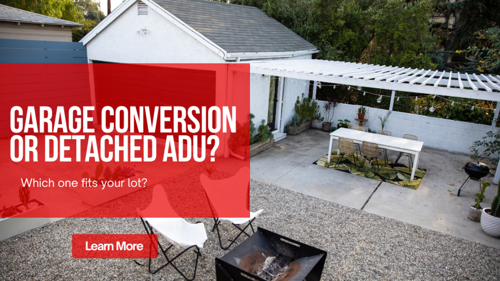 Backyard with a garage being converted to an ADU beside new framing for a detached ADU