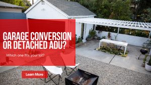 Backyard with a garage being converted to an ADU beside new framing for a detached ADU