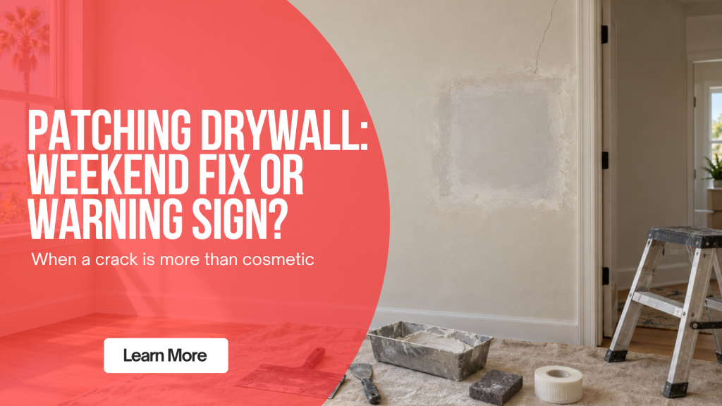Fresh drywall patch near a door frame with a hairline crack, joint knife, mud pan, and mesh tape on a drop cloth