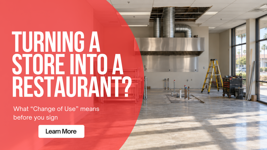 Former retail store being converted to a restaurant, with a new kitchen exhaust hood and saw-cut floor for plumbing