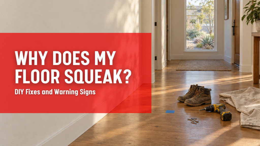 Hardwood hallway floor with a squeaky spot marked by painter’s tape next to a drill and screws