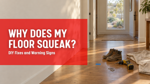 Hardwood hallway floor with a squeaky spot marked by painter’s tape next to a drill and screws